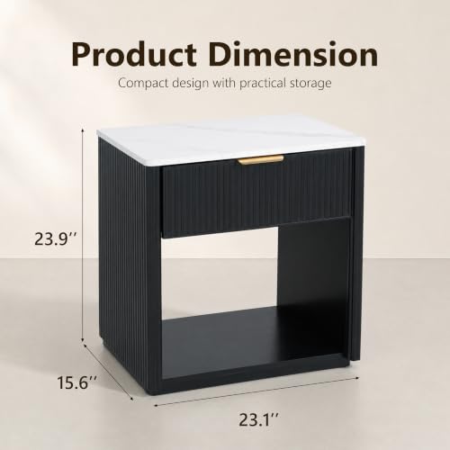 23.1-Inch Wide Fluted Nightstand with Drawer & Open Shelf, Black Finish