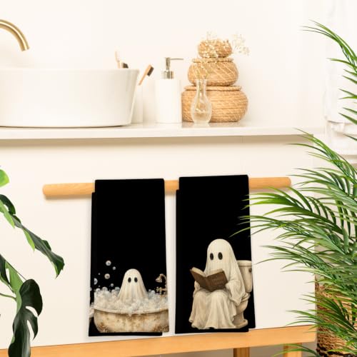 Halloween Ghost Hand Towels for Bathroom Kitchen Decor - Ghost Reading Book Variation, 16x24 Inch
