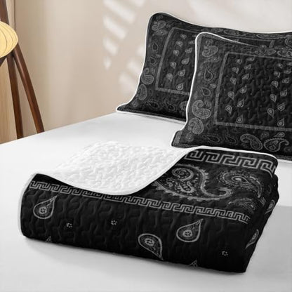 Manfei Black King Size Bohemian Paisley Quilt Set with Pillow Shams - Bedspread Coverlet