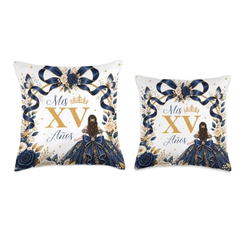 15th Birthday Quinceañera Throw Pillow - Navy Blue Gold Floral 16x16