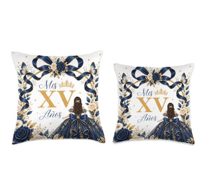15th Birthday Quinceañera Throw Pillow - Navy Blue Gold Floral 16x16