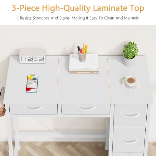 33-Inch Small Computer Desk with 5 Fabric Drawers - White, Compact Workspace