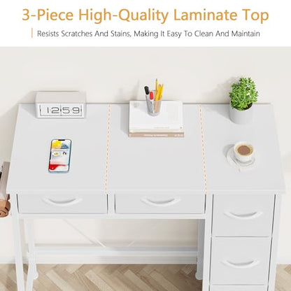 33-Inch Small Computer Desk with 5 Fabric Drawers - White, Compact Workspace