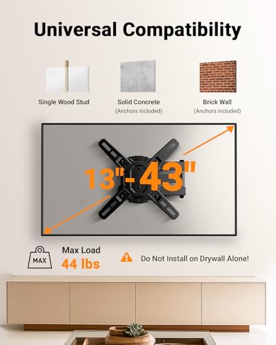 Perlegear Full Motion TV Wall Mount Bracket for Most 13-43 Inch LED LCD Flat Curved Screen TVs & Monitors, Swivel Tilt Extension with Articulating Arms, Max VESA 200x200mm up to 44lbs