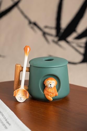 Ceramic Coffee Mug with Lid & Matching Spoon - Green Golden Retriever Pattern, 14oz