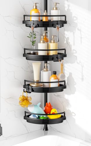 HAMITOR Black Corner Shower Caddy Tension Pole 4-Tier Rustproof Organizer