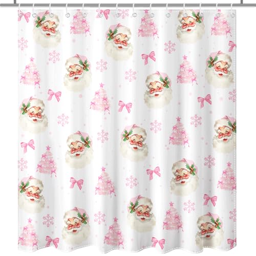 Christmas Shower Curtain Pink Bow Santa Snowflake 72x72 Inch Waterproof Holiday Bathroom Decor - Pink1