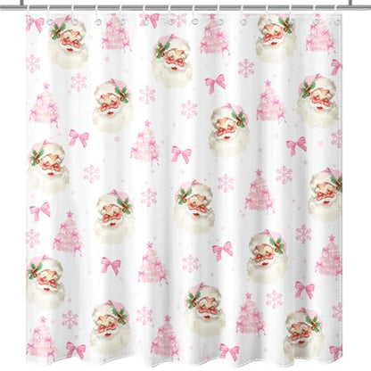 Christmas Shower Curtain Pink Bow Santa Snowflake 72x72 Inch Waterproof Holiday Bathroom Decor - Pink1