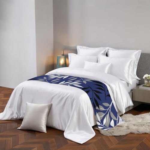King Size Navy Blue Grey Botanical Bed Runner 94x20 Inches Tropical Foliage Decor