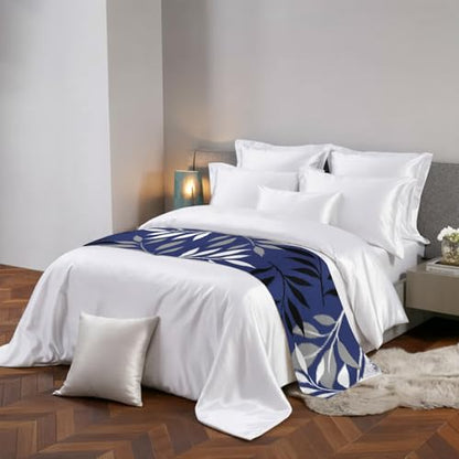 King Size Navy Blue Grey Botanical Bed Runner 94x20 Inches Tropical Foliage Decor