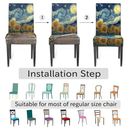 Sunflowers Swirly Moon Print Dining Chair Covers Set of 4 - Removable Washable Stretch Slipcovers for Kitchen