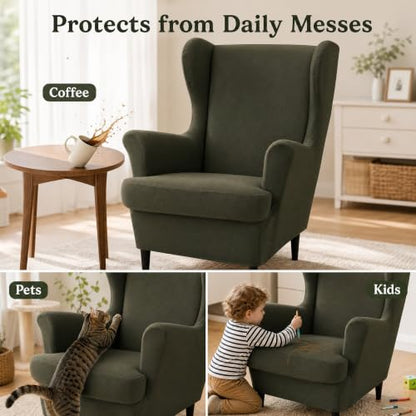 Mustard Green Stretch Wingback Chair Cover with Arms 2-Piece Slipcover Washable