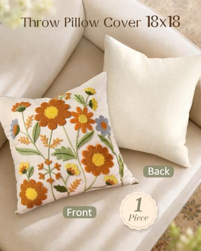 Fall Blossom Embroidered Cotton Throw Pillow Cover 18x18 Inch - MuseHaus