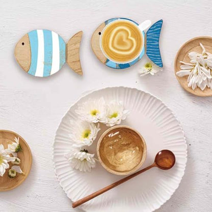 Wooden Fish Coasters Set of 4 Dual-Use Wall & Table Decor Ocean Pattern