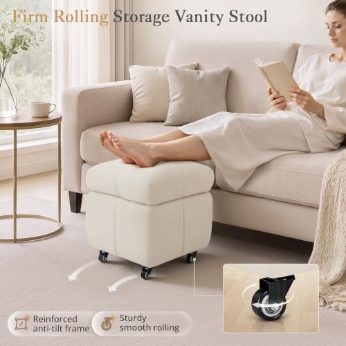 LUE BONA Square Storage Ottoman with Wheels - Beige Pouf Footrest, 17.4L Chenille