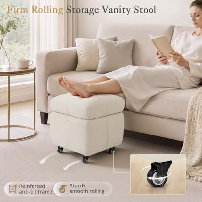 LUE BONA Square Storage Ottoman with Wheels - Beige Pouf Footrest, 17.4L Chenille