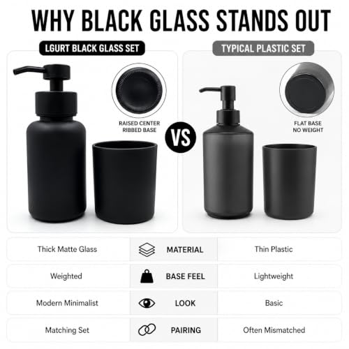 Matte Black Glass Soap Dispenser and Toothbrush Cup Set - Stable, Stylish Bathroom Accessory