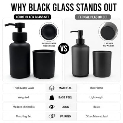 Matte Black Glass Soap Dispenser and Toothbrush Cup Set - Stable, Stylish Bathroom Accessory