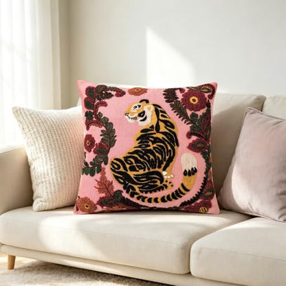 Embroidered Tiger Throw Pillow 20x20 Inch Decorative Cushion