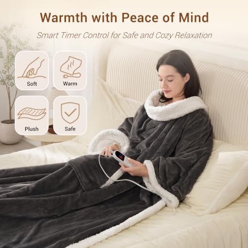 Wearable Heated Blanket with Foot Pocket & Sleeves - Grey, Long