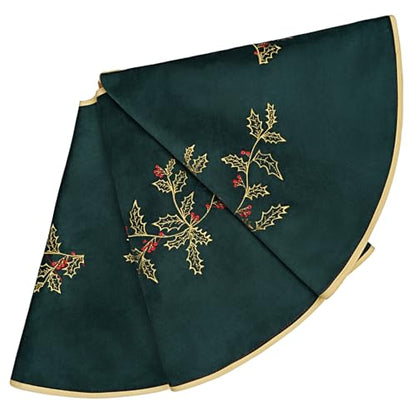 Dark Green Velvet Christmas Tree Skirt 48 Inch with Holly Embroidery - Holiday Decor