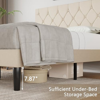 Upholstered Queen Bed Frame with Adjustable Headboard and Storage