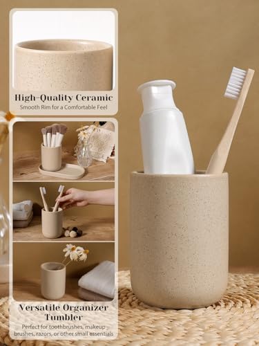 Ceramic Bathroom Accessory Set with Soap Dispenser Toothbrush Holder Tray Beige