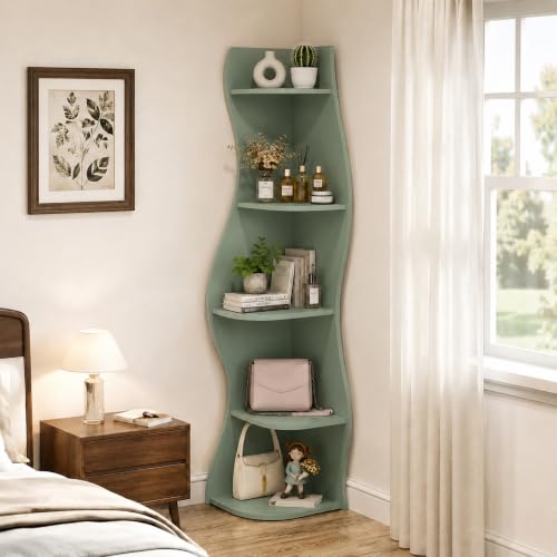 Small Wavy Corner Shelf - Modern 5-Tier Wall Corner Bookshelf in Sage Green