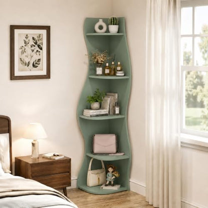 Small Wavy Corner Shelf - Modern 5-Tier Wall Corner Bookshelf in Sage Green