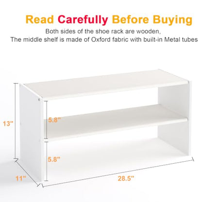 2-Tier Small Shoe Rack Organizer - White, 28.5 Inch, Holds 9-12 Pairs - Stackable Closet Storage