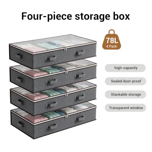 Grey Underbed Storage Bags 4-Pack Large 78L with Zipper & Handles
