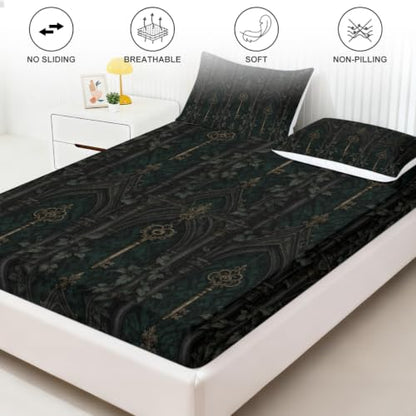 Dark Academia Green Gothic Key Fitted Sheet Set with Pillowcases - King Variation