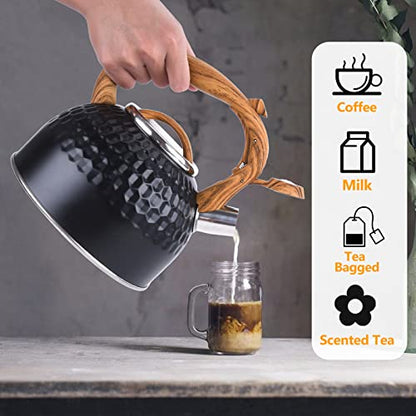 GGC 3L Loud Whistling Tea Kettle for Stove Top, Stainless Steel Kettle with Wood Pattern Handle for Boiling Water Milk or Coffee, Unique Button Control Kettle Outlet, Premium Black Kettle with a towel