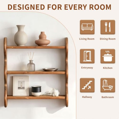 3 Tier Solid Wood Wall Shelf - Rustic Floating Storage Organizer, Brown