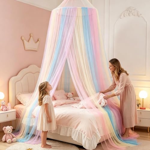 Girls Bed Canopy Rainbow Fly Netting - Breathable & Cute for Bedroom Decor