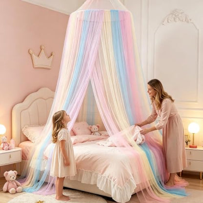 Girls Bed Canopy Rainbow Fly Netting - Breathable & Cute for Bedroom Decor