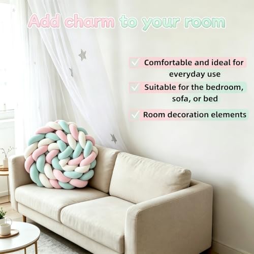 Mixed-Color Handmade 3-Strand Braided Knot Pillow - Soft Plush Decorative Throw, 141.7in (3.6m) - White Pink Grey