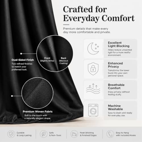 Black Bunk Bed Curtains Blackout Privacy Canopy Drapes - Black, 2 Panels