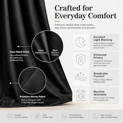 Black Bunk Bed Curtains Blackout Privacy Canopy Drapes - Black, 2 Panels