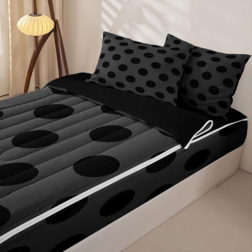 Kids Zipper Bedding Set Twin Size Black & Grey Polka Dots with Pillowcases