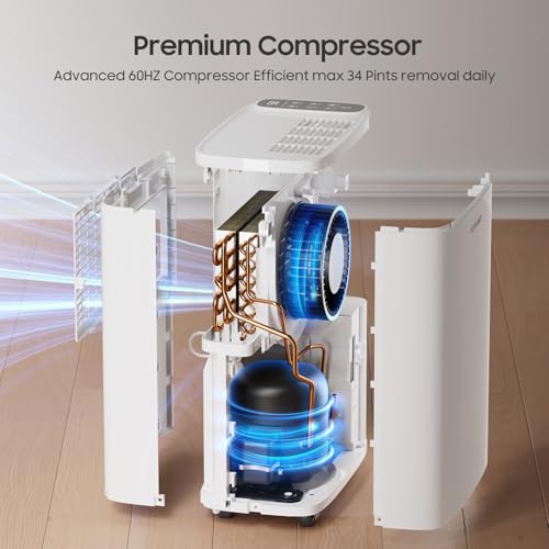 Dehumidifier for Basement 2500 Sq Ft with Drain Hose 34 Pints Max White