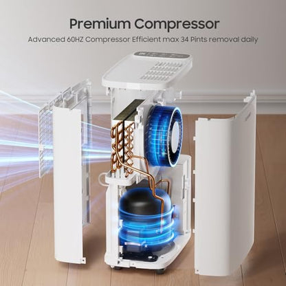 Dehumidifier for Basement 2500 Sq Ft with Drain Hose 34 Pints Max White
