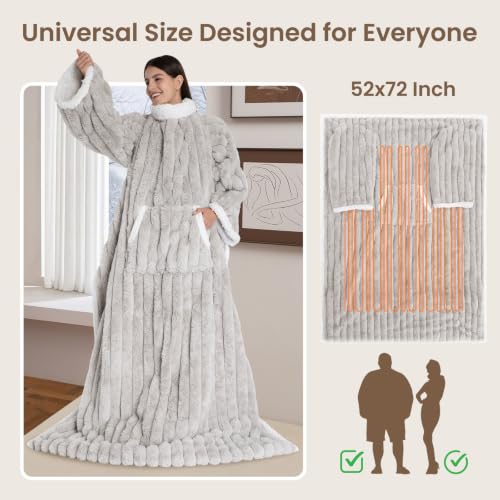 PROALLER Light Grey Wearable Heated Blanket with Foot Pocket, Faux Fur & Sherpa Fleece 52x72 Inches