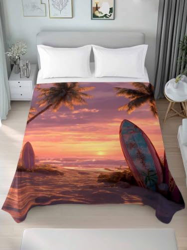 Queen Microfiber Flat Sheet Tropical Sunset Beach Surfboards - Purple, Orange, Black
