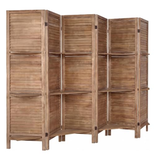 6 Panel Room Divider with Shelves - 67" H Brown, 360° Hinges, Freestanding Privacy Screen - Variation: Brown 6 Panel