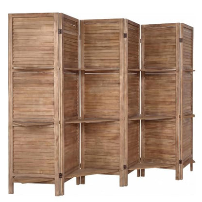 6 Panel Room Divider with Shelves - 67" H Brown, 360° Hinges, Freestanding Privacy Screen - Variation: Brown 6 Panel