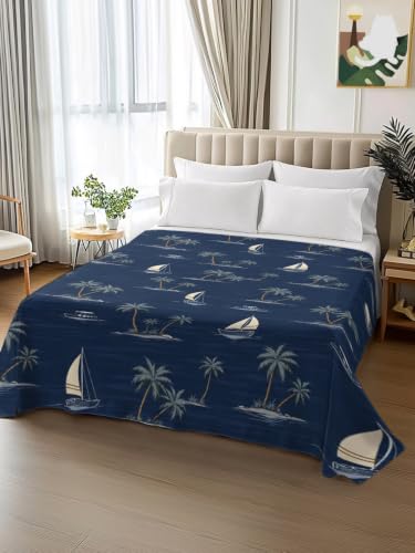 California King Flat Sheet Navy Blue Microfiber Bed Sheets Summer Sea Sailboat & Palm Tree Design - Deep Navy / Slate Blue