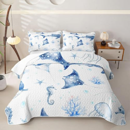 Feelyou Whale Ocean Quilt Set Full Size Light Blue & White Marine Bedding Kids Boys Girls