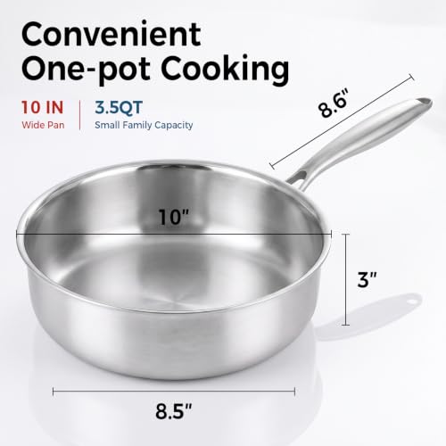 3.5 Quart Stainless Steel Deep Frying Pan with Lid - Tri-Ply Non-Stick Saute Pan
