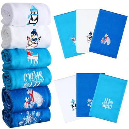Christmas Embroidered Hand Towels Set - 6 Holiday Decorative Kitchen & Bathroom Towels - Novelty
